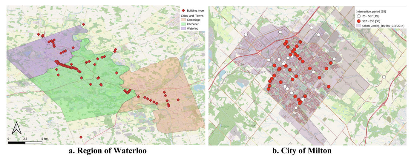 Maps of instrumented intersections in the Region of Waterloo on the left and the City of Milton on the right.